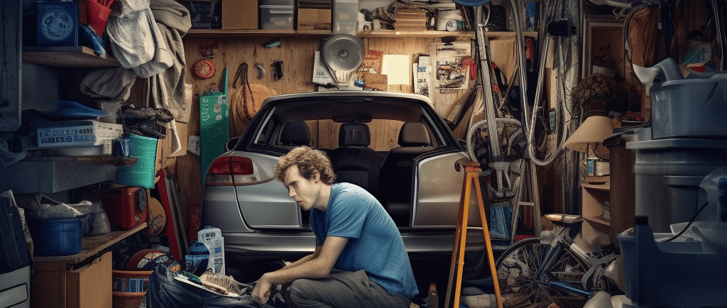 a man attempting to clean up his garage