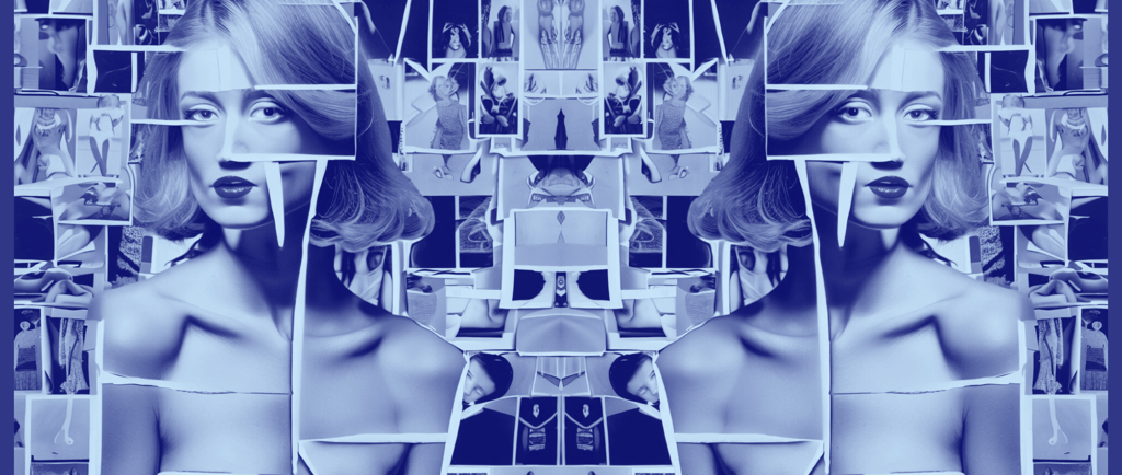 Patchwork of women pictures forming the face of a woman (AI-generated image)