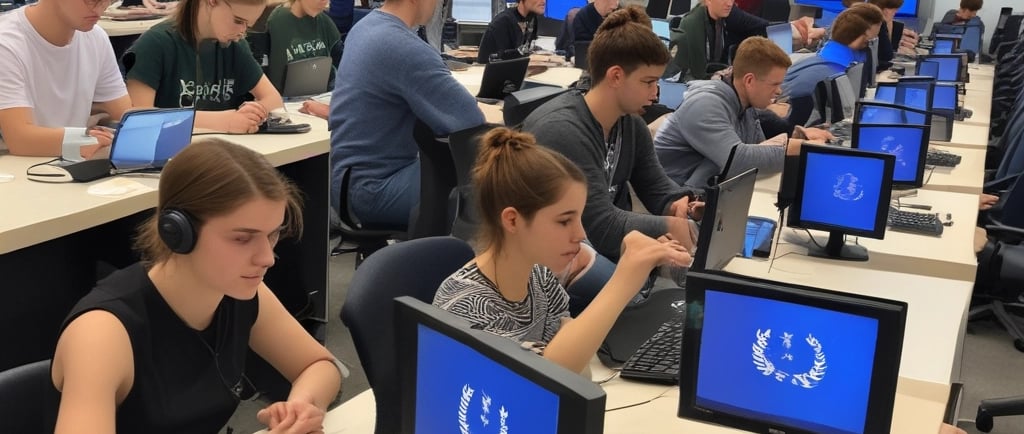 young people sitting a computerized test -black blue and yellow textile