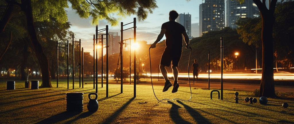 a man jumping on a jump rope in the park