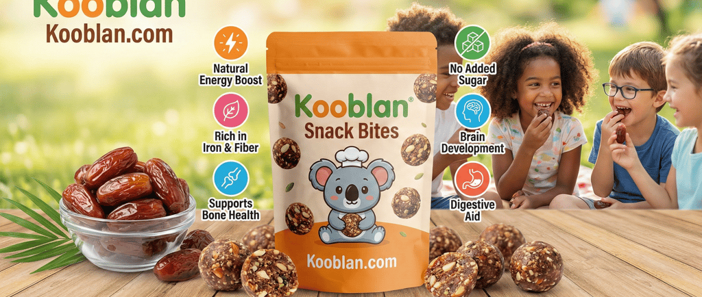 Kooblan Bars packaging sample using Dates as main source of sweetner, much healthier option than other types of sugar