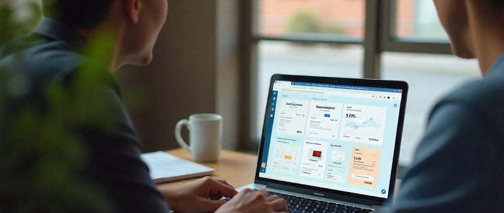 A digital workspace featuring a laptop with an open screen displaying AI-driven tools.