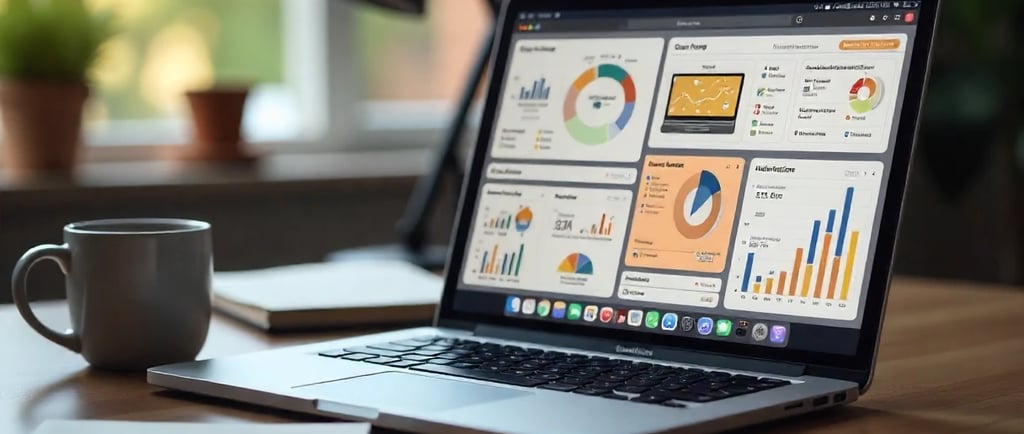 A modern, vibrant digital workspace showing a laptop with multiple CRM dashboards