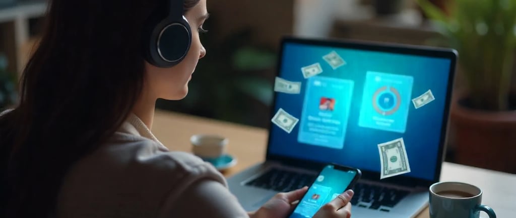 A person wearing headphones, sitting comfortably with a laptop or phone in hand