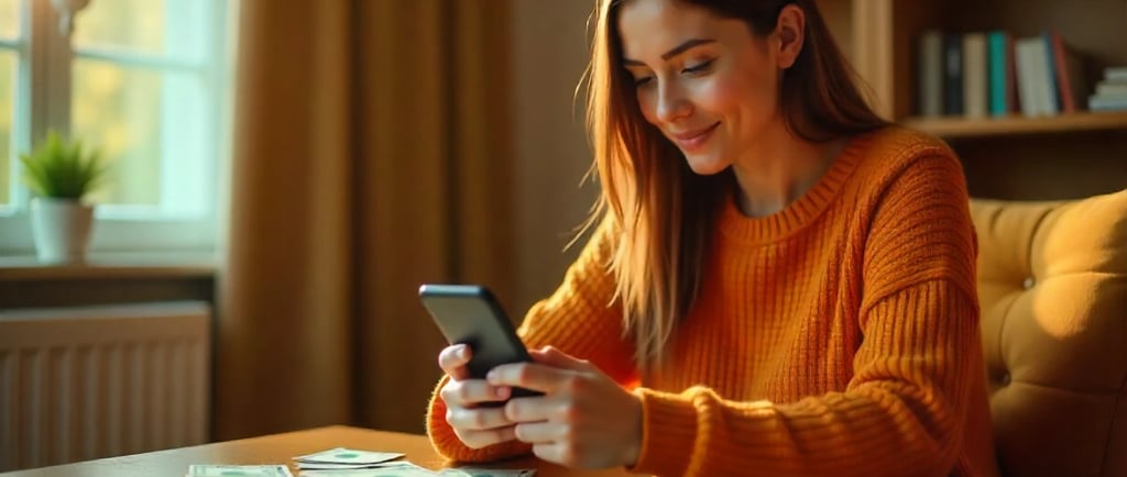 a young women sitting on a chair in a modern house, where she is holding a phone and opening an app