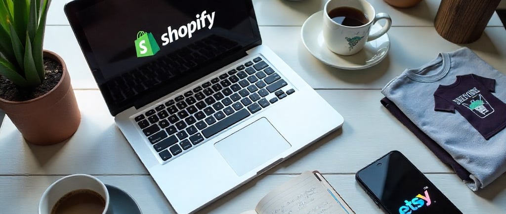 flat lay of-e-commerce tools for dropshipping including a laptop with shopify and etsy logos