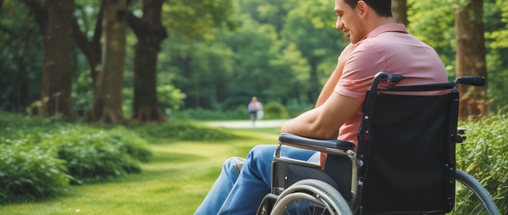 A man in a wheel chair being pushed by a woman