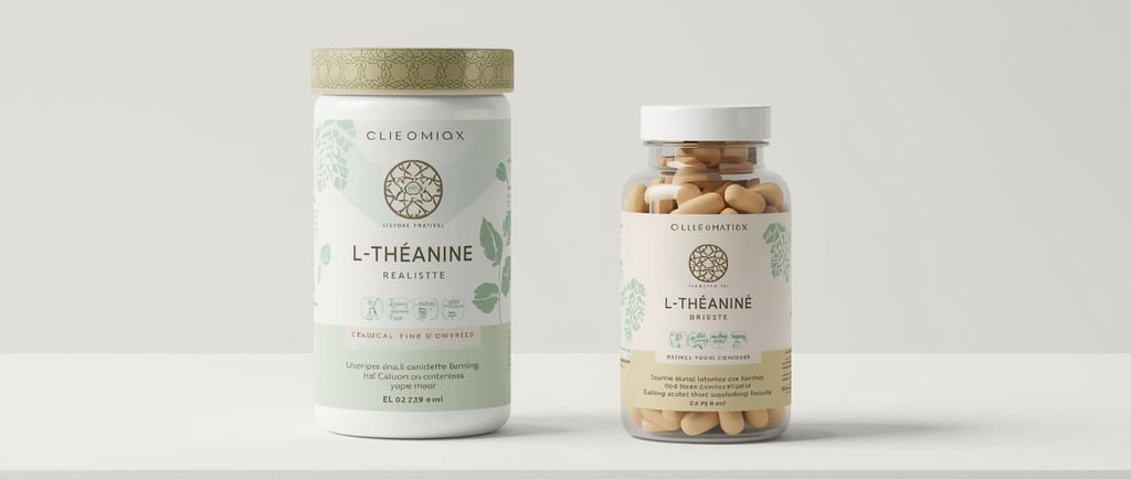Compléments alimentaires de L-théanine en gélules et poudre, pots blancs au design naturel et minimaliste, produits bien-être