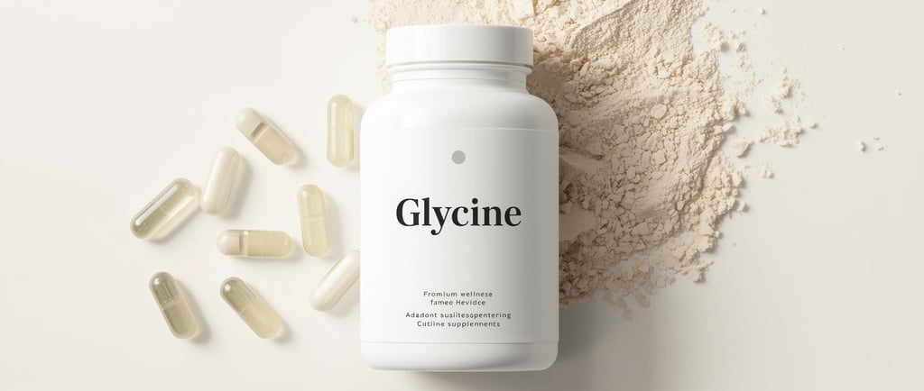 Complément alimentaire Glycine en pot blanc avec gélules transparentes et poudre, présenté sur un fond minimaliste, produit d