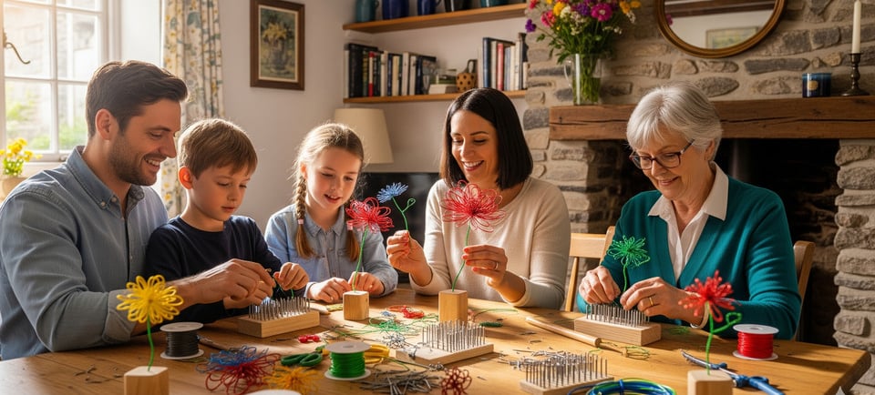 a family of four children and adults sitting around a table