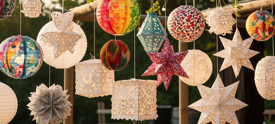 a bunch of paper lanterns hanging from a wooden structure