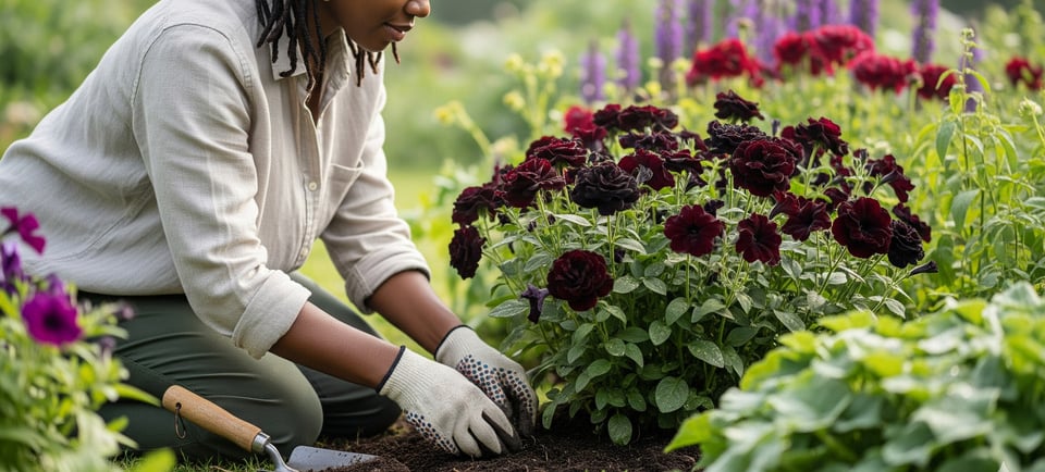 a woman is kneeling down to plant a flower