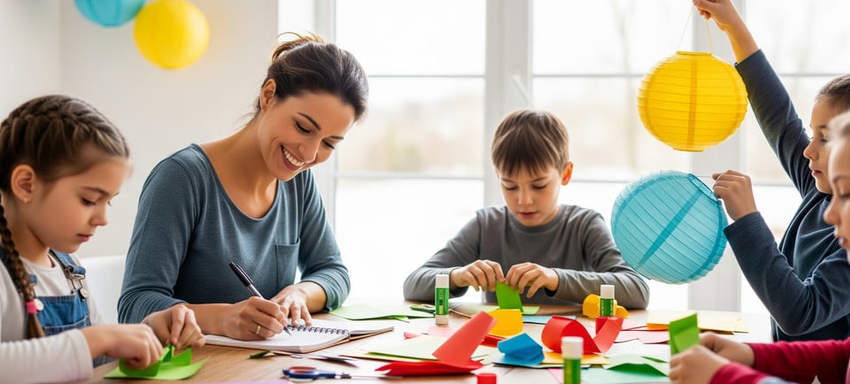 a woman and two children are sitting at a table