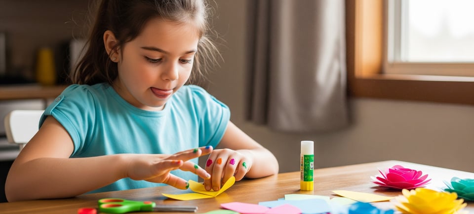 a young girl is making a paper flower