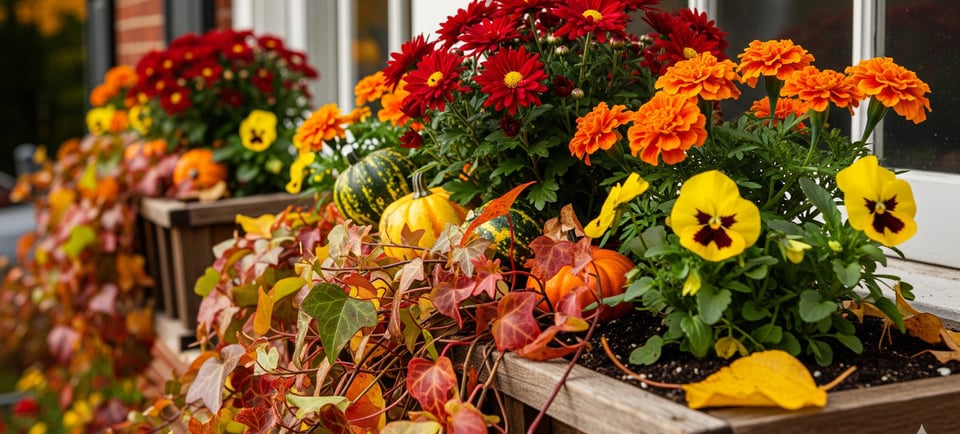a window box with flowers in a window sill
