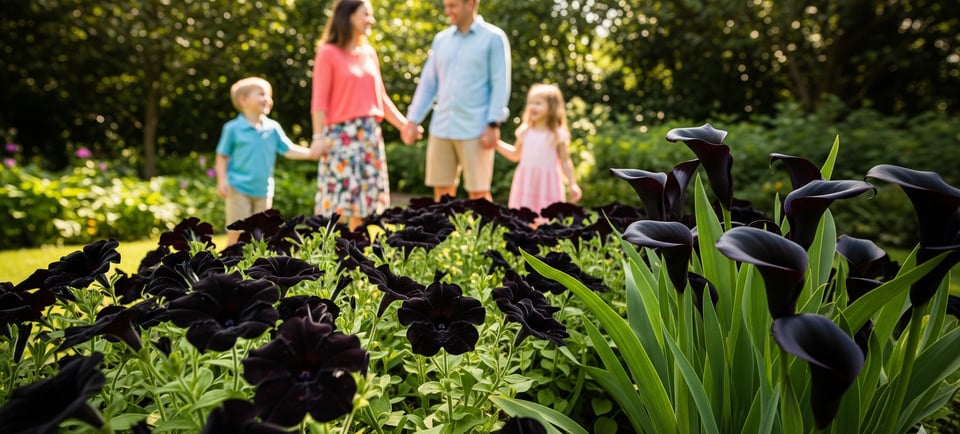 a family of four standing in a garden