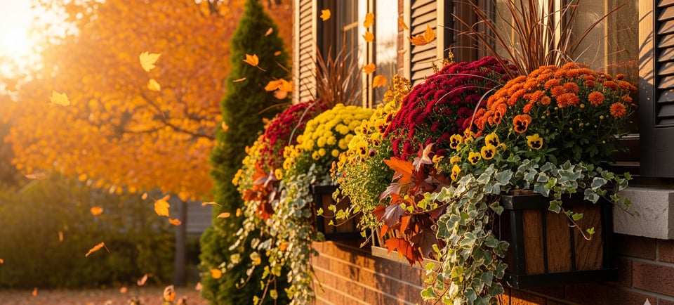 a fall window box with a bunch of flowers in it