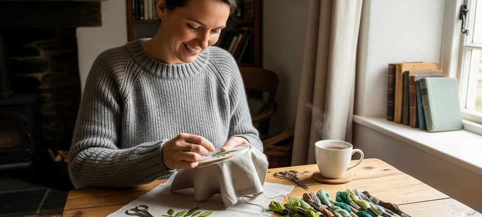a woman is sitting at a table with a cup of coffee