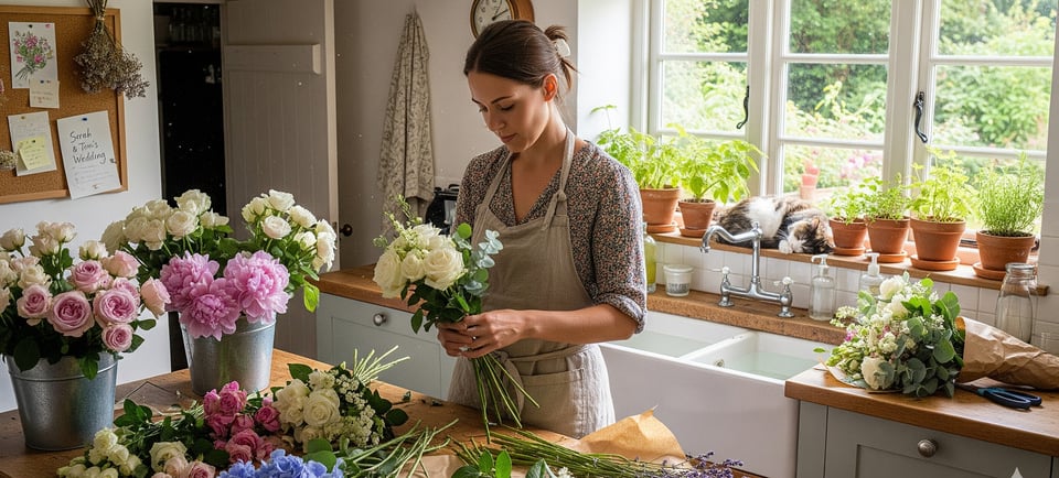 a woman in a apron and aprons is making a bouquet