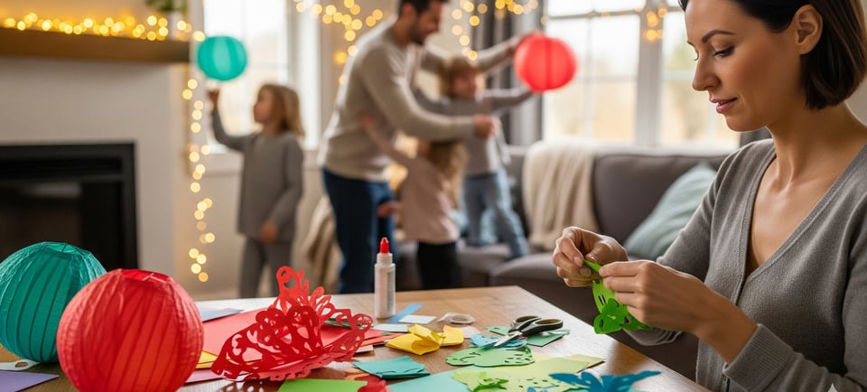 a woman is sitting at a table with a bunch of paper lanterns