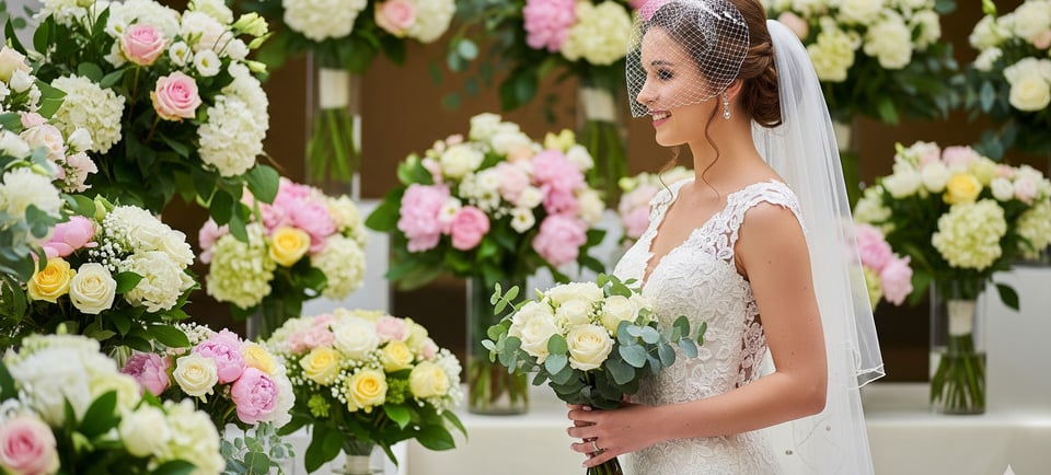 a bride in a wedding dress with a veil and do it yourseld wedding flowers