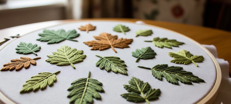 a embroidery work of a leafy pattern on a table