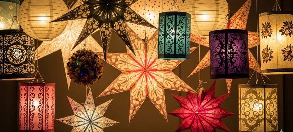 a bunch of paper lanterns hanging from a ceiling