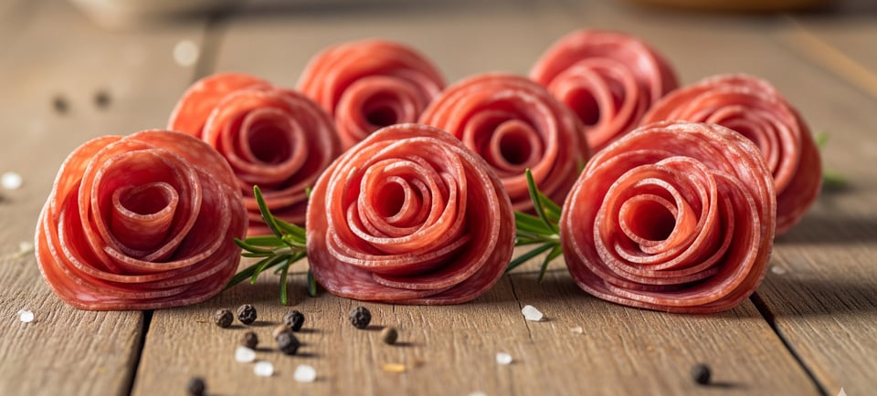 salami meat flowers on a wooden table