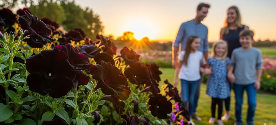a family standing in a garden with their children