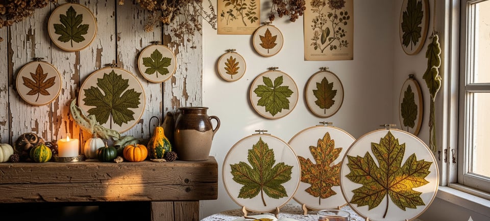 a table with hand embroidered leaves artwork on wall