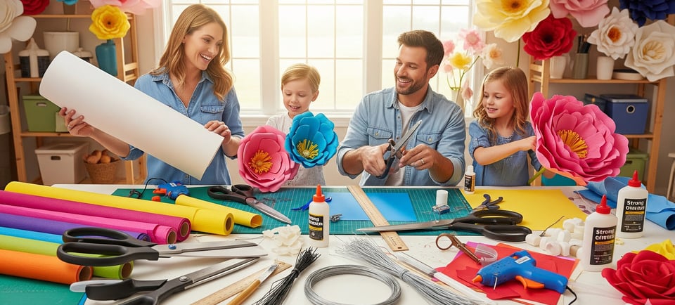 a family of three children and adults making paper flowers