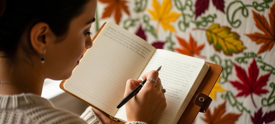 a woman is writing on a notebook while holding a pen