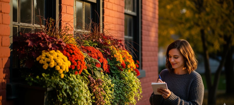 a woman in a gray sweater and a notebook with a notepad