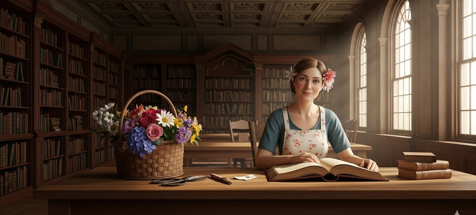 a woman sitting at a table with a basket of flowers