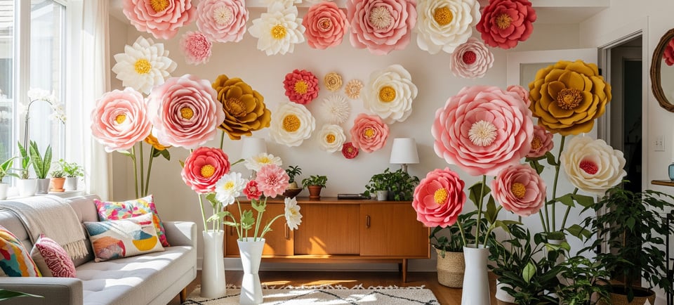 a living room with a couch and a large flower arrangement