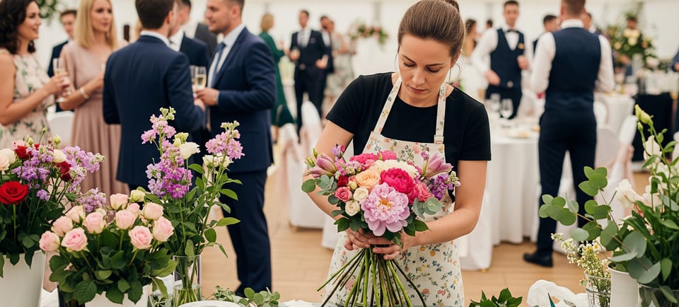 a woman in a floral dress is holding a bouquet