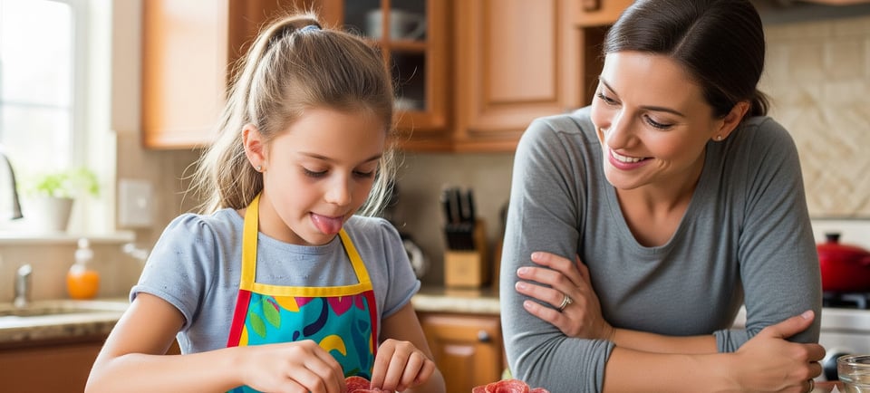 a woman and a young girl are making a flower