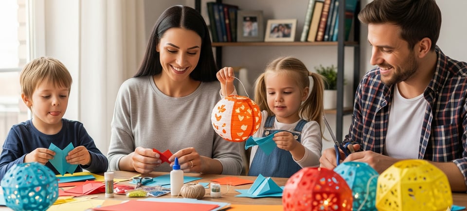 a family of three children playing with paper maching