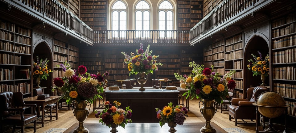a library with a table and chairs and a table