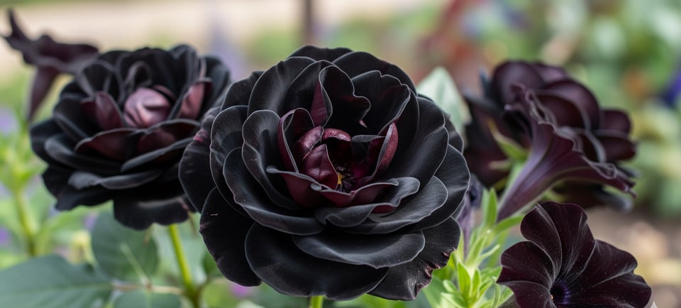 a close up of black flowers in the garden