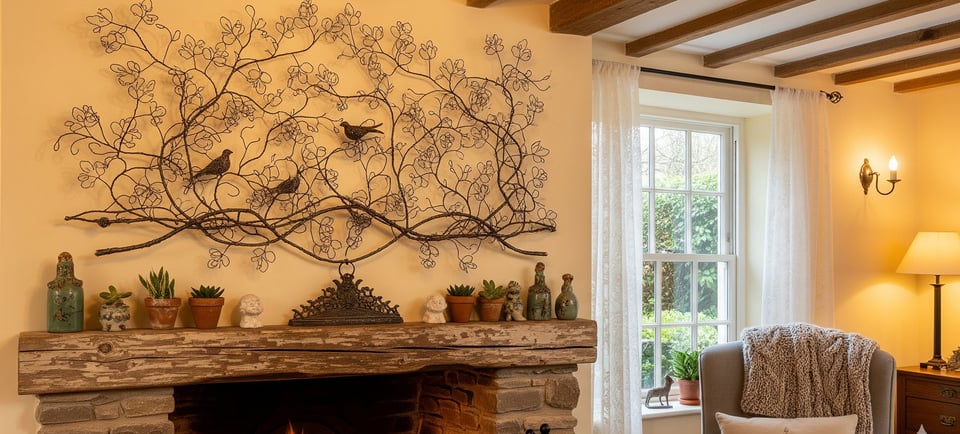 a living room with a fireplace and a chair and wire flowers display