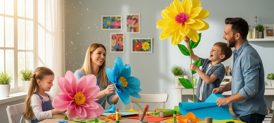 a family gathering at a table with paper flowers