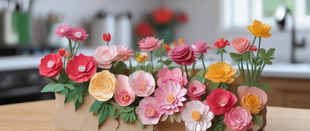 3d cricut paper flowers displayed on table top in kitchen