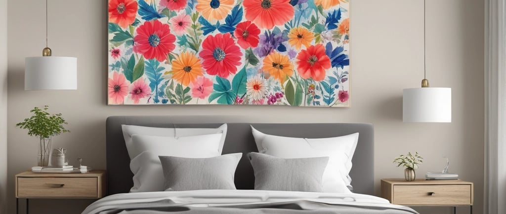 modern bedroom with large flower painting hanging on wall