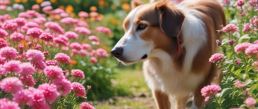 brown and white dog smelling the flowers
