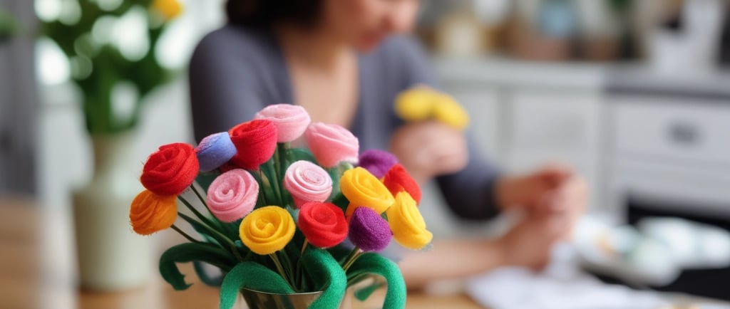 felt flowers on table in ceramic pot