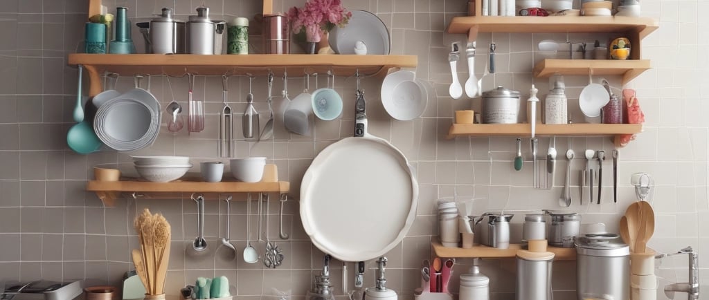 kitchen utensils displayed on kitchen wall