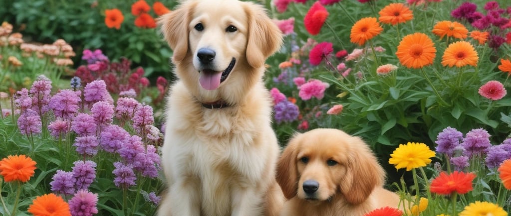 healthy labradors sat in colorful flower garden