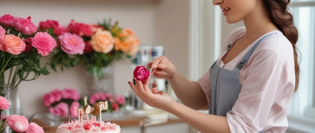 woman making buttercream drop flowers