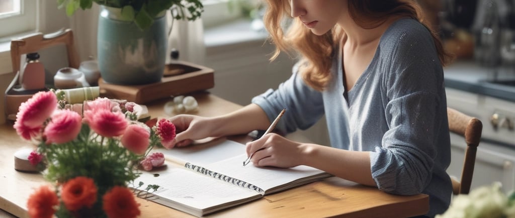 woman sat at kitchen table writing
